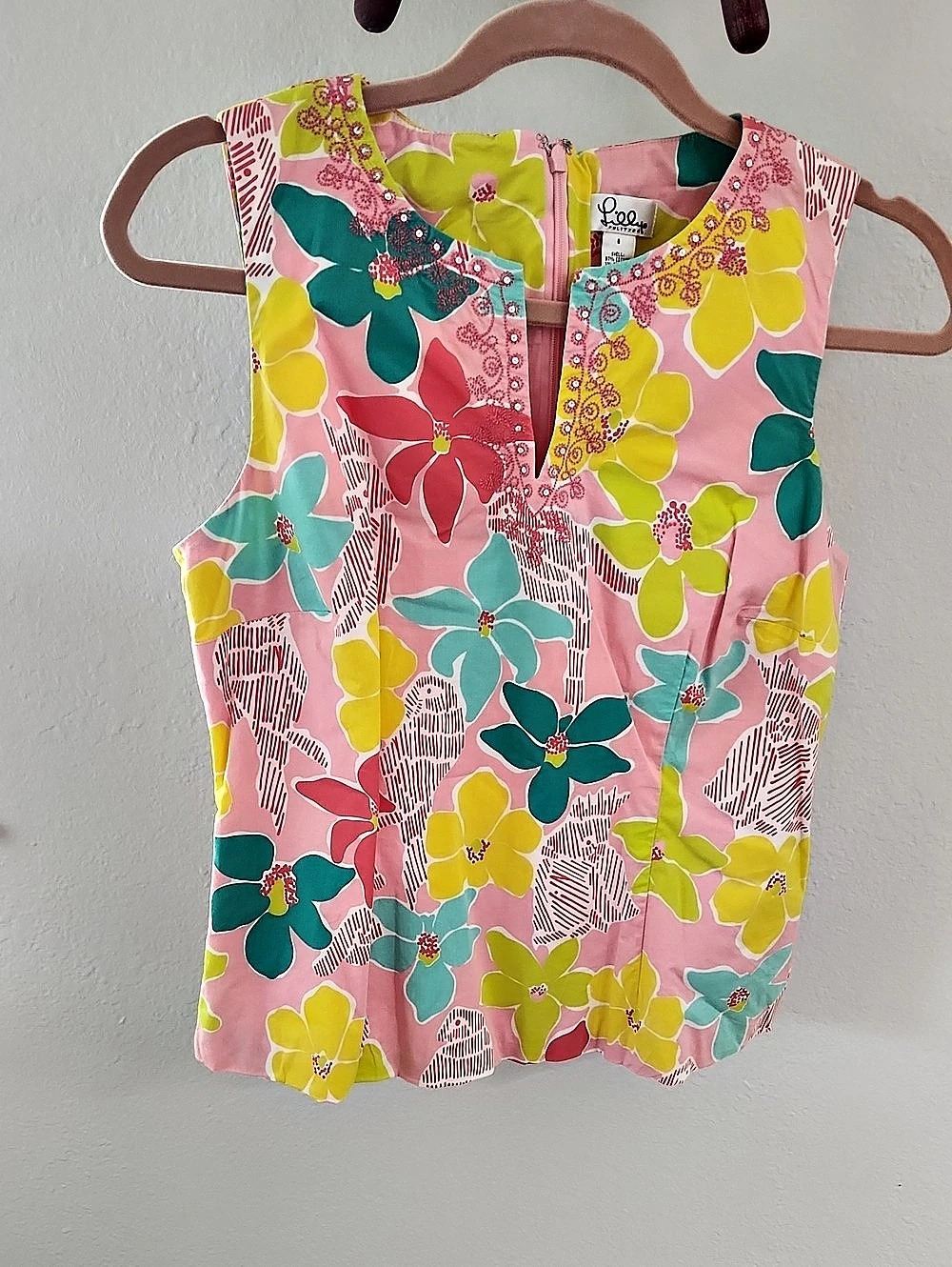 Vintage Floral Embellished Blouse in Pink, Yellow Aqua Size 8
